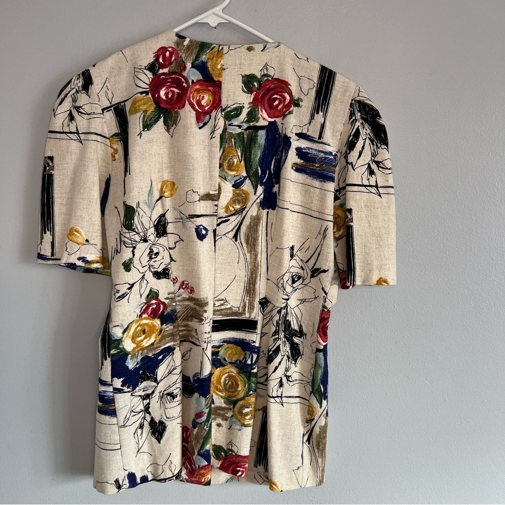 Vintage Bijou Abstract Painted Jacket Short Sleeve Artsy USA Sz S Cream Teacher - Picture 11 of 11
